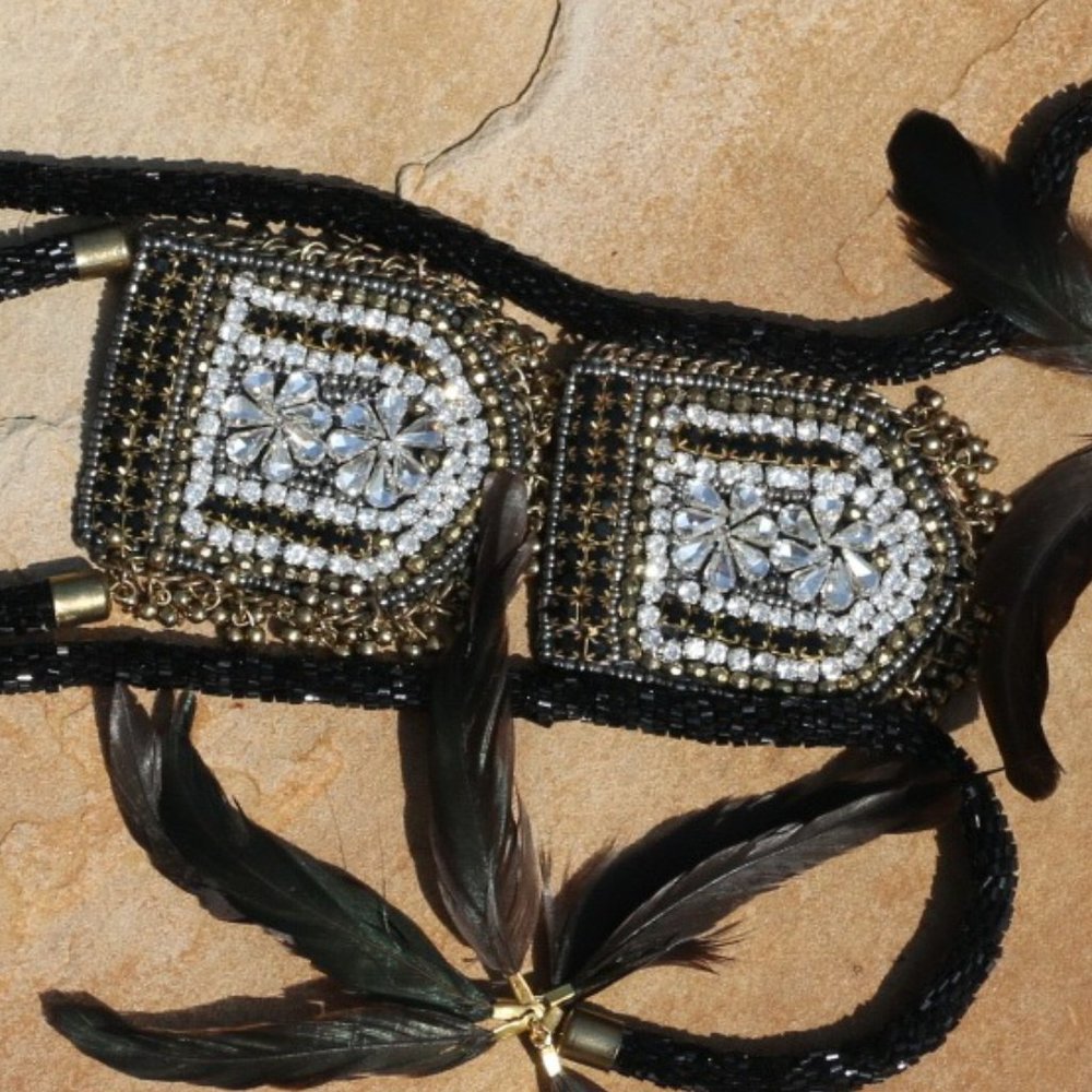 Handmade Bejeweled Necklace Double Medallion Long Tribal Feather Multi Strand